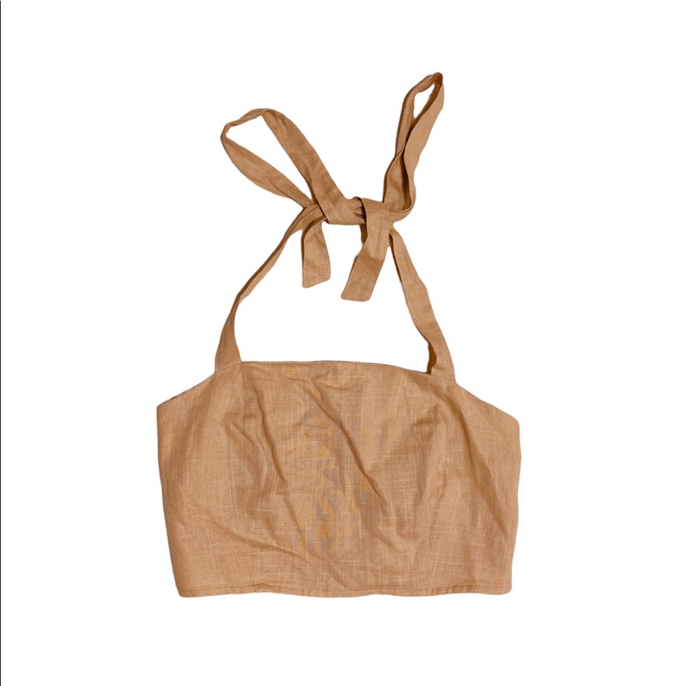 Lulus Woven Halter Tie Crop Top Tan Beige